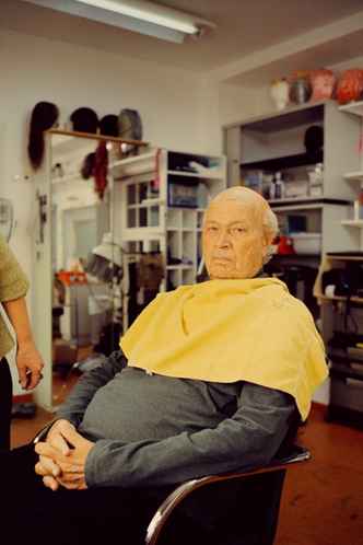 Munich Kammerspiele Backstage with Gerhard Polt looking into the camera at Scheene Leich