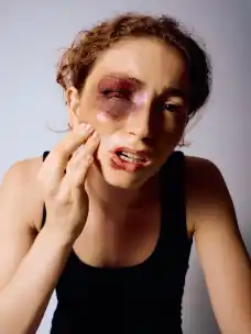 Alice Lefebvre with fake wounds at the Otto-Falckenberg-Schule