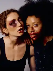 Alice Lefebvre and Josiane Elodie Siewe with fake wounds at the Otto-Falckenberg-Schule